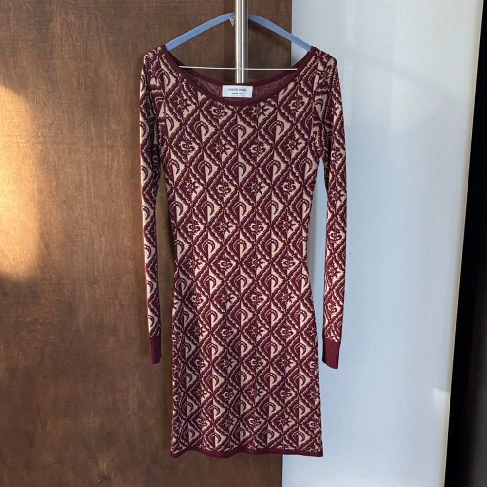 Marine Serre Burgundy and Cream Long Sleeve Dress